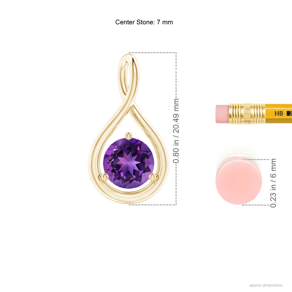 7mm AAAA Solitaire Round Amethyst Infinity Twist Pendant in Yellow Gold ruler