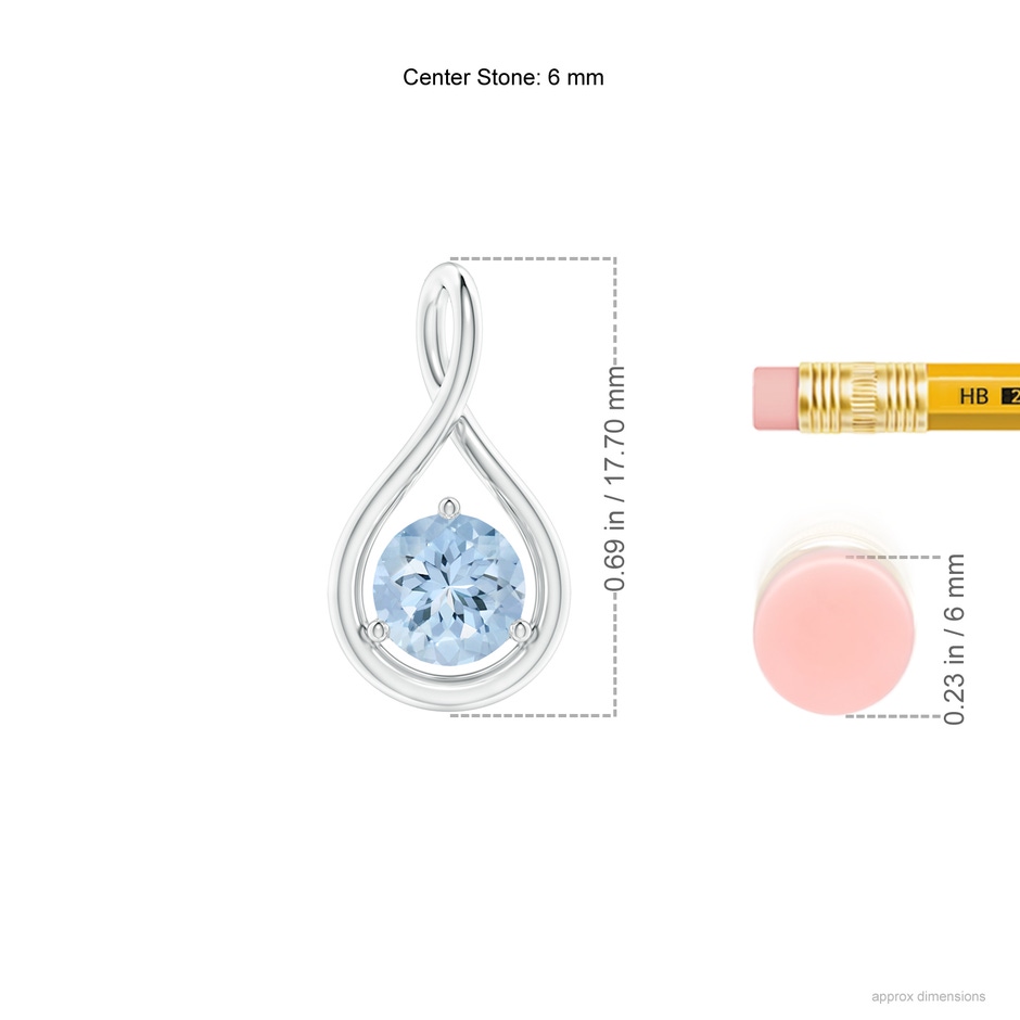 6mm AA Solitaire Round Aquamarine Infinity Twist Pendant in 9K White Gold ruler
