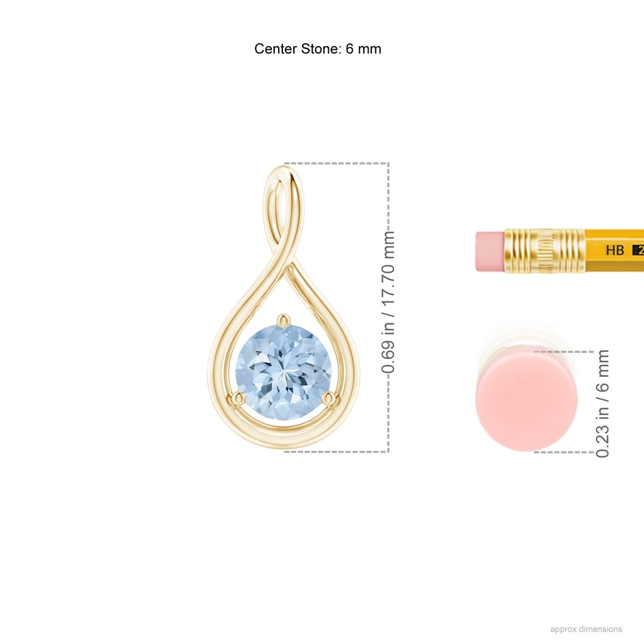6mm AA Solitaire Round Aquamarine Infinity Twist Pendant in Yellow Gold ruler