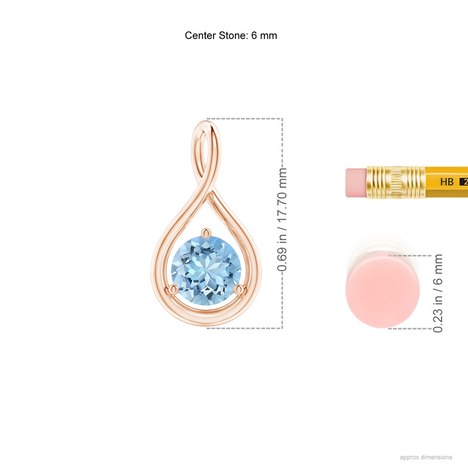 6mm AAAA Solitaire Round Aquamarine Infinity Twist Pendant in Rose Gold ruler