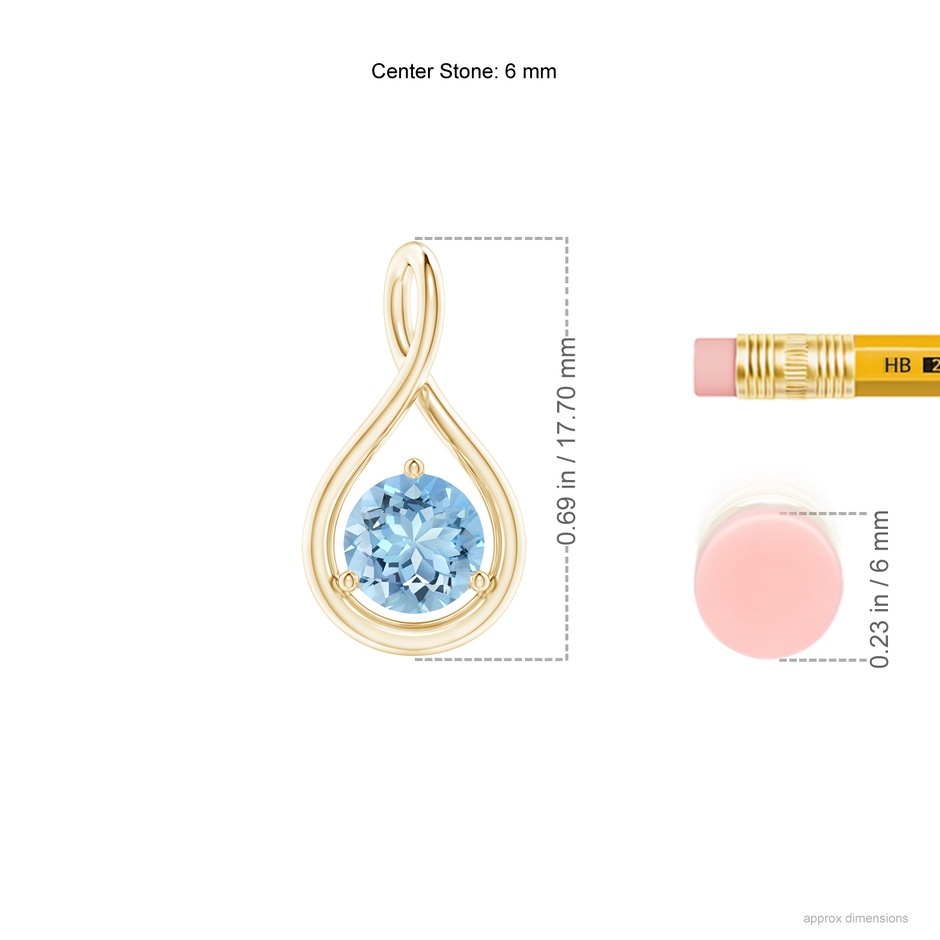 6mm AAAA Solitaire Round Aquamarine Infinity Twist Pendant in Yellow Gold ruler