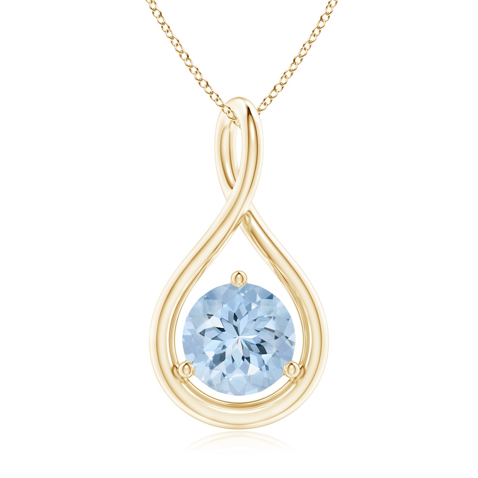 7mm AA Solitaire Round Aquamarine Infinity Twist Pendant in Yellow Gold 