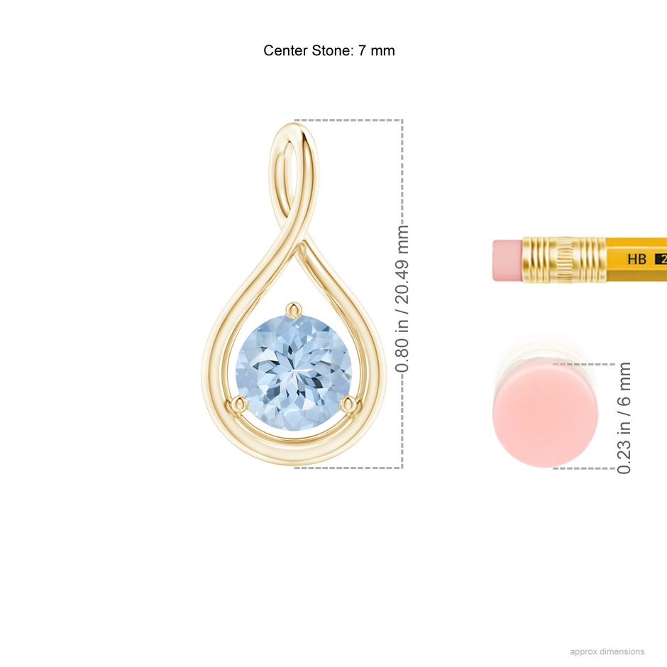 7mm AA Solitaire Round Aquamarine Infinity Twist Pendant in Yellow Gold ruler