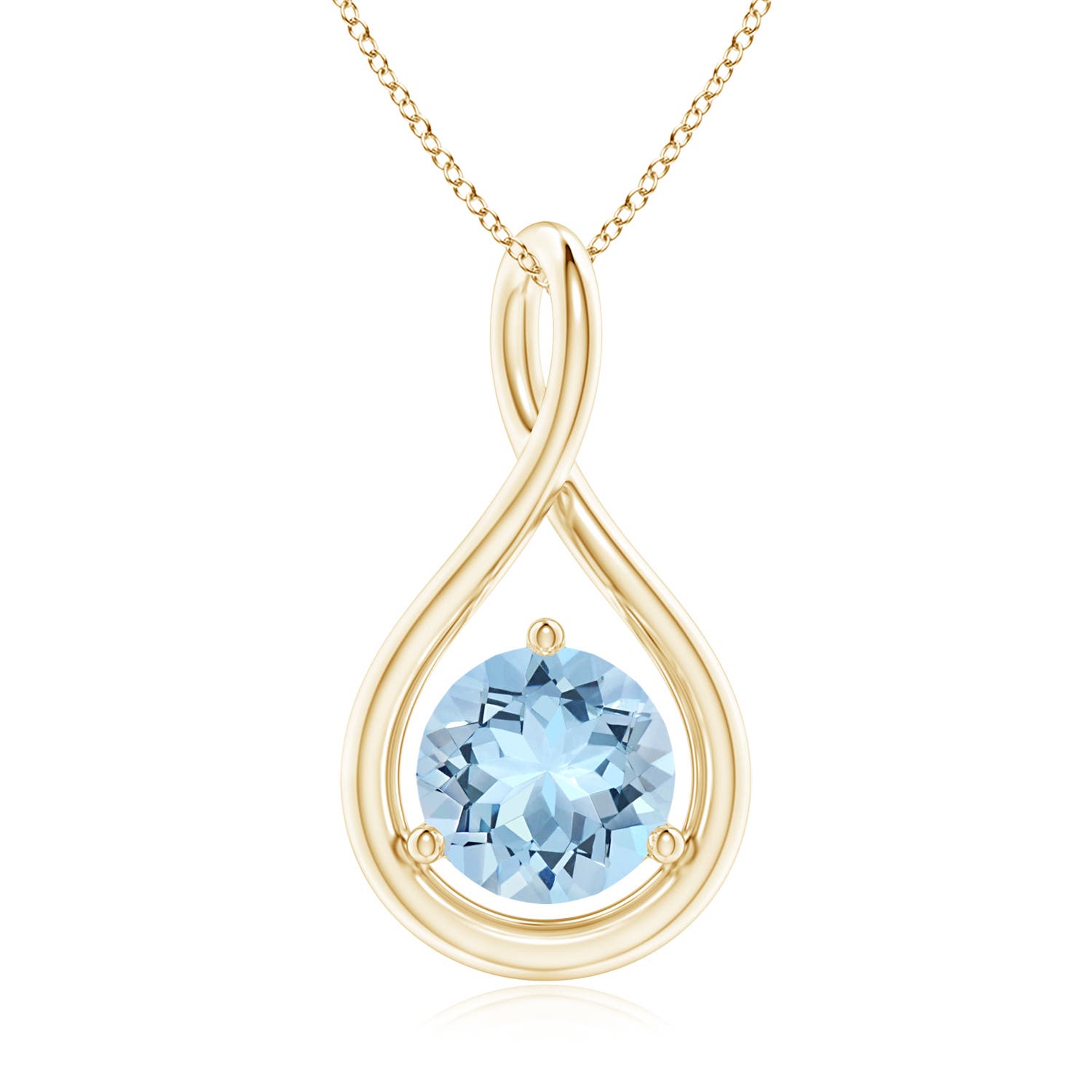 7mm AAA Solitaire Round Aquamarine Infinity Twist Pendant in Yellow Gold