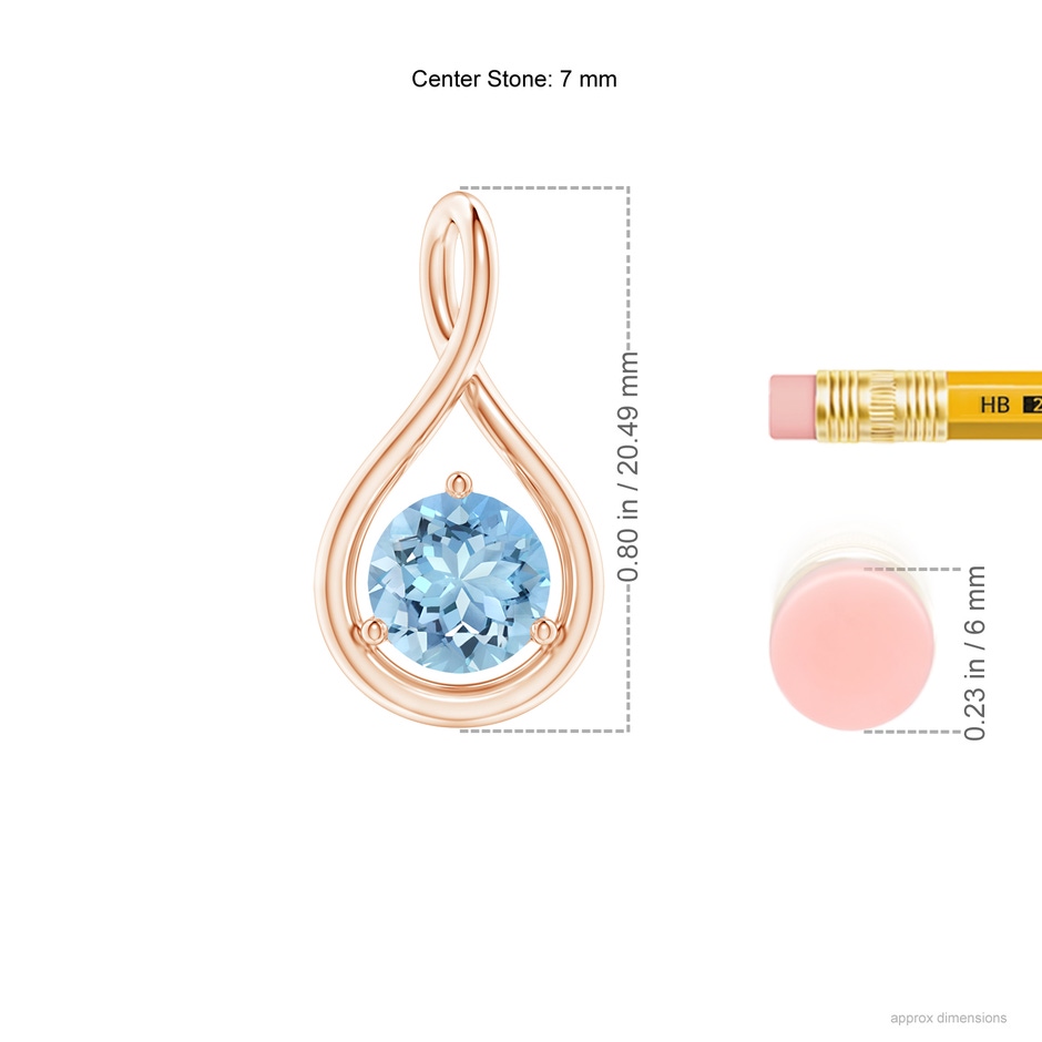 7mm AAAA Solitaire Round Aquamarine Infinity Twist Pendant in Rose Gold ruler