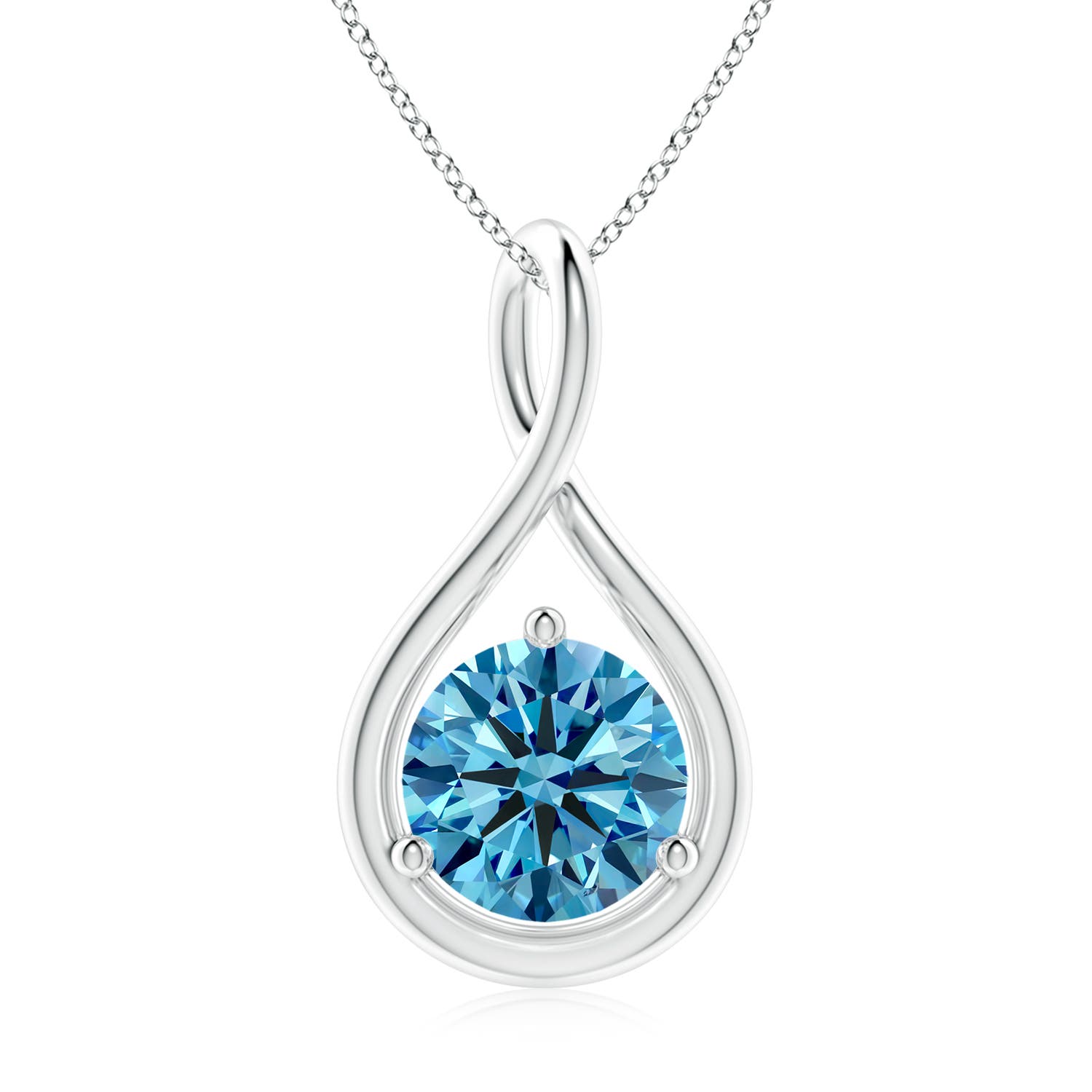 8mm AAAA Solitaire Round Fancy Intense Blue Diamond Infinity Twist Pendant in 18K White Gold