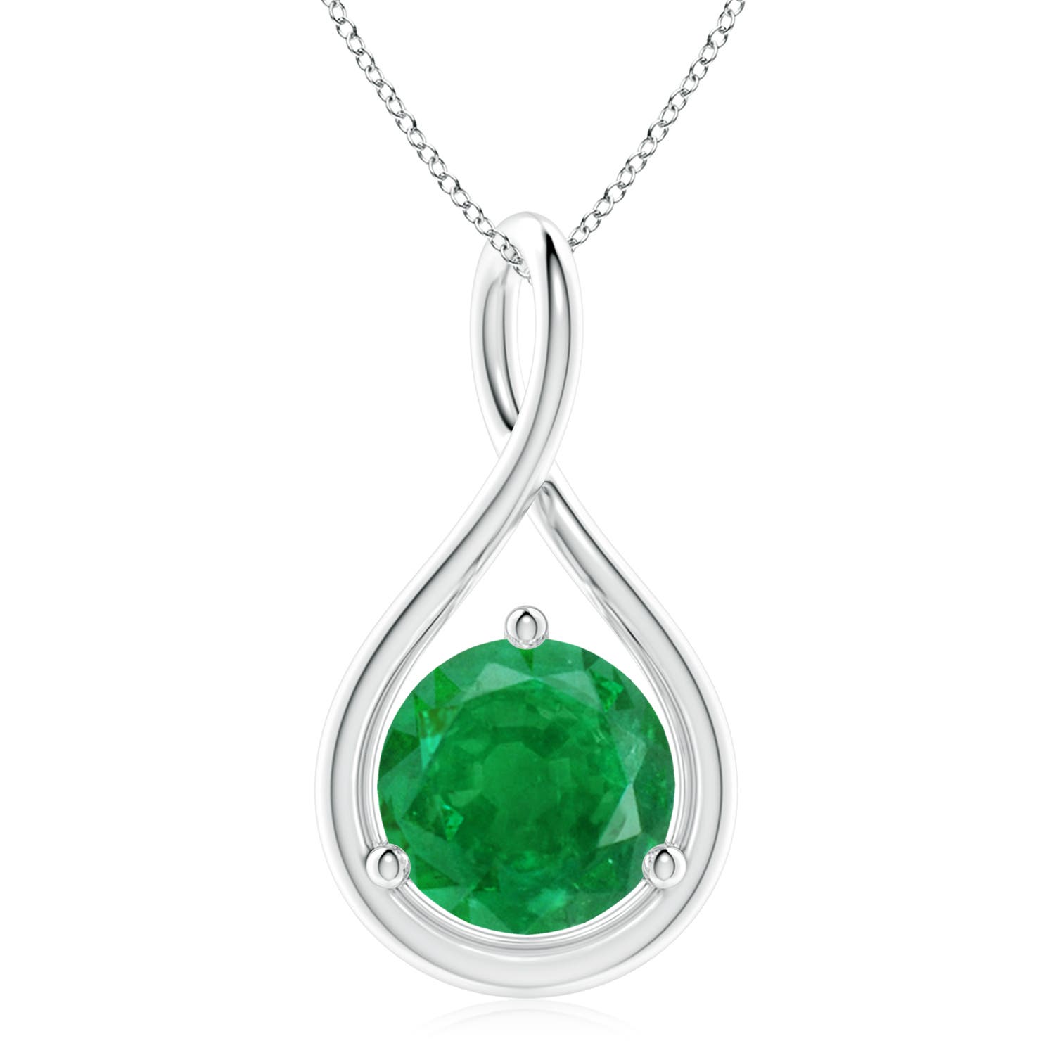 10mm AA Solitaire Round Emerald Infinity Twist Pendant in White Gold