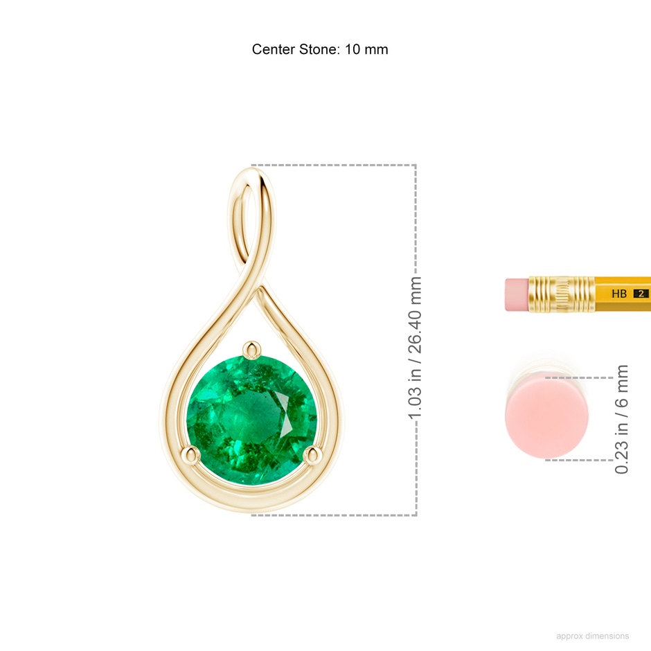 10mm AAA Solitaire Round Emerald Infinity Twist Pendant in Yellow Gold ruler