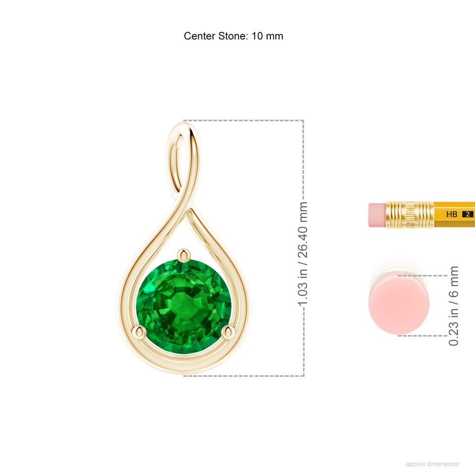 10mm AAAA Solitaire Round Emerald Infinity Twist Pendant in Yellow Gold ruler