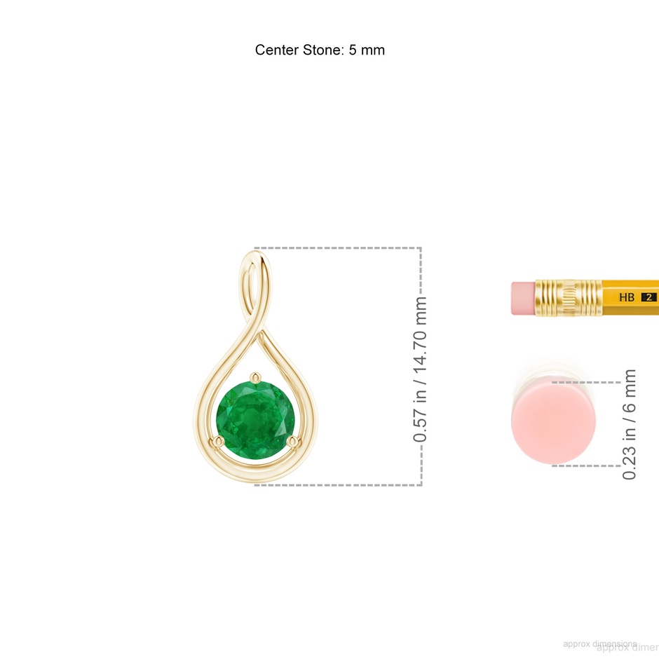 5mm AA Solitaire Round Emerald Infinity Twist Pendant in Yellow Gold ruler