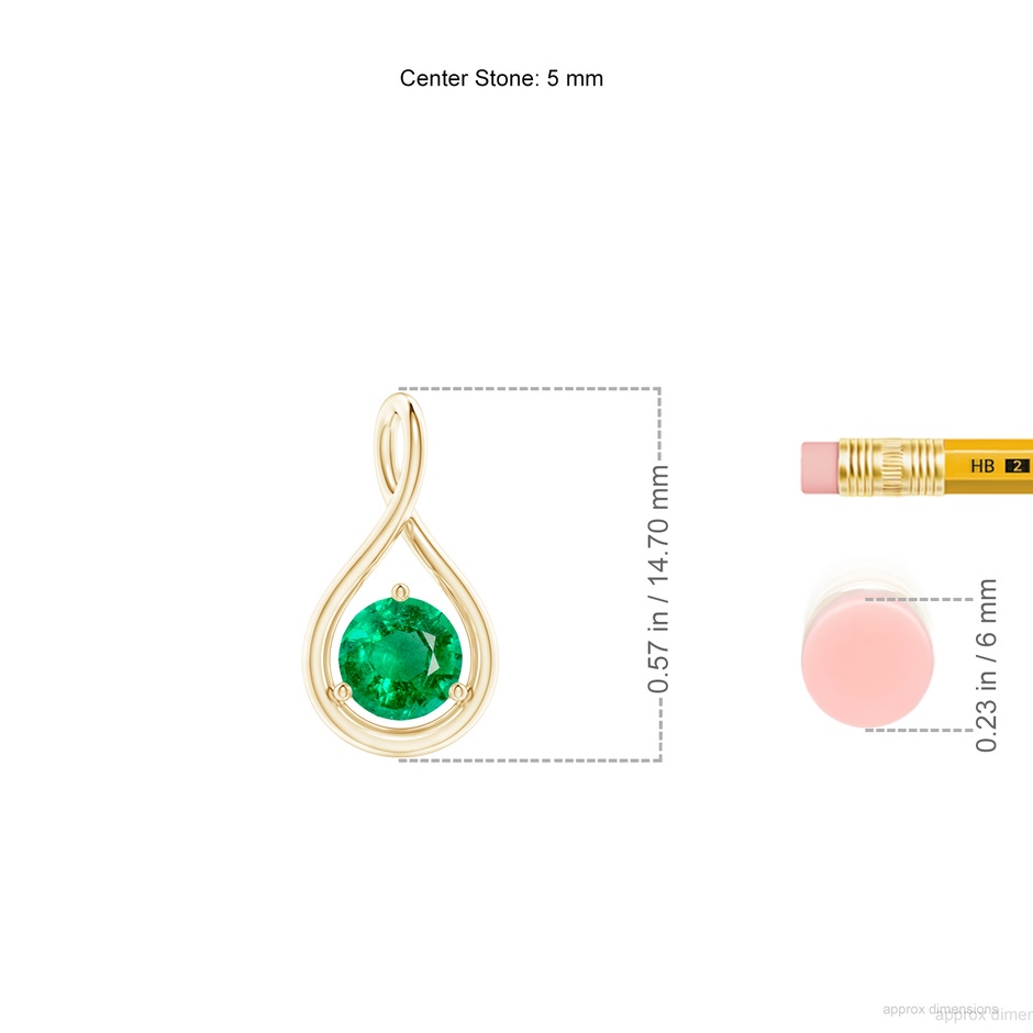 5mm AAA Solitaire Round Emerald Infinity Twist Pendant in Yellow Gold ruler