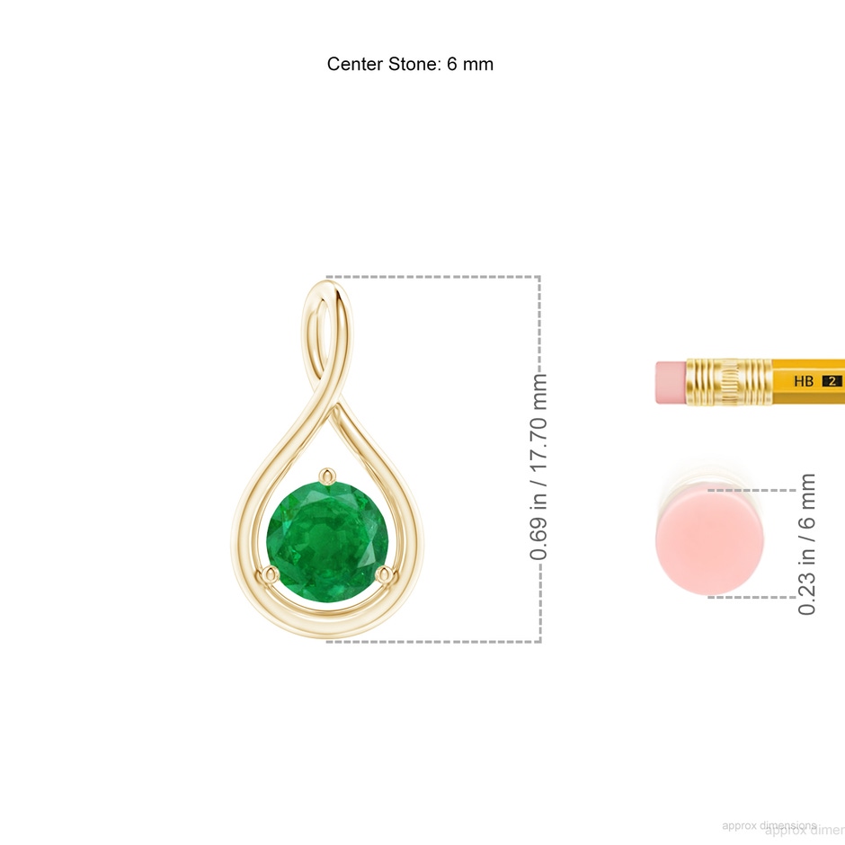 6mm AA Solitaire Round Emerald Infinity Twist Pendant in Yellow Gold ruler
