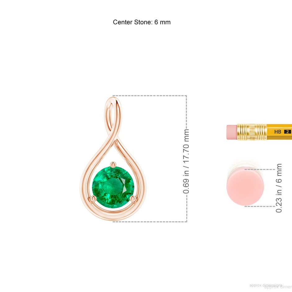6mm AAA Solitaire Round Emerald Infinity Twist Pendant in Rose Gold ruler