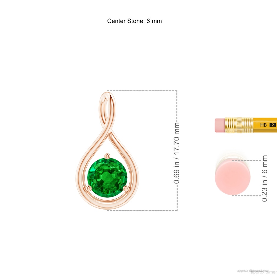 6mm AAAA Solitaire Round Emerald Infinity Twist Pendant in Rose Gold ruler