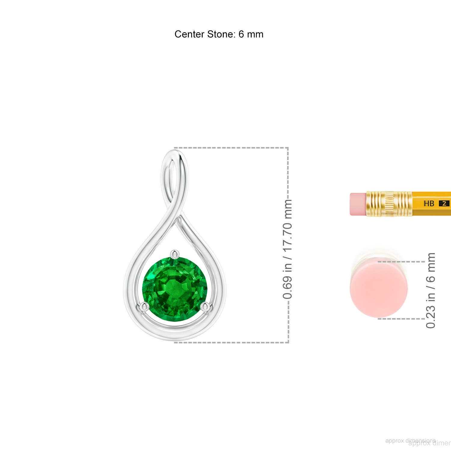 6mm AAAA Solitaire Round Emerald Infinity Twist Pendant in White Gold - ruler
