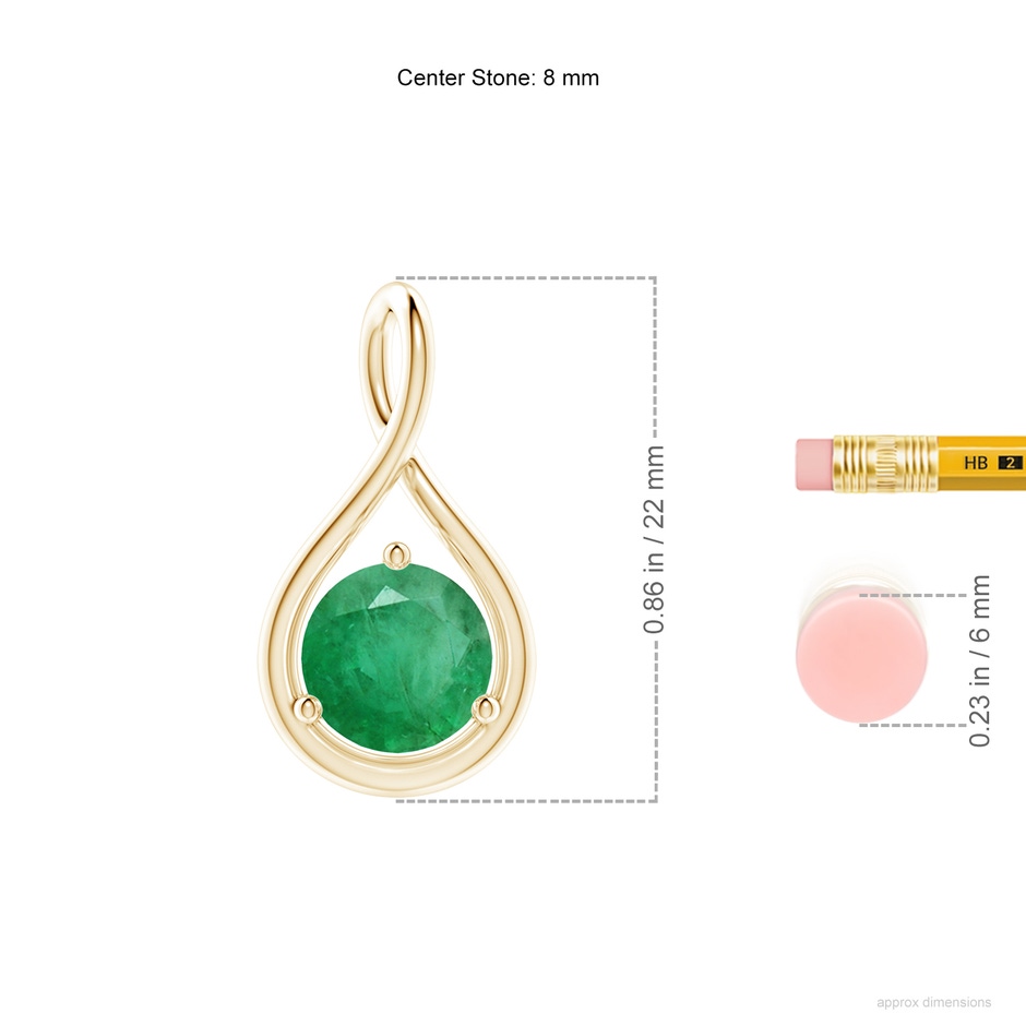 8mm A Solitaire Round Emerald Infinity Twist Pendant in Yellow Gold ruler