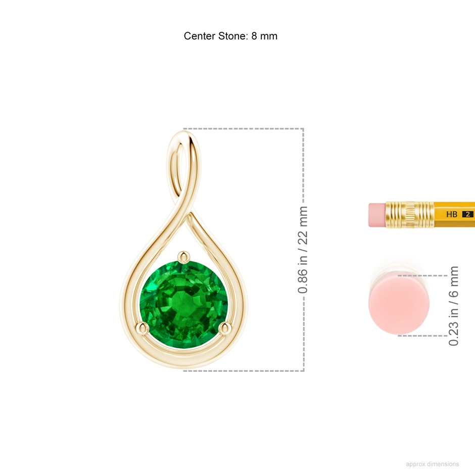 8mm AAAA Solitaire Round Emerald Infinity Twist Pendant in Yellow Gold ruler