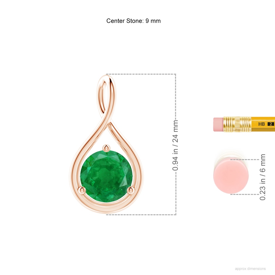 9mm AA Solitaire Round Emerald Infinity Twist Pendant in Rose Gold ruler