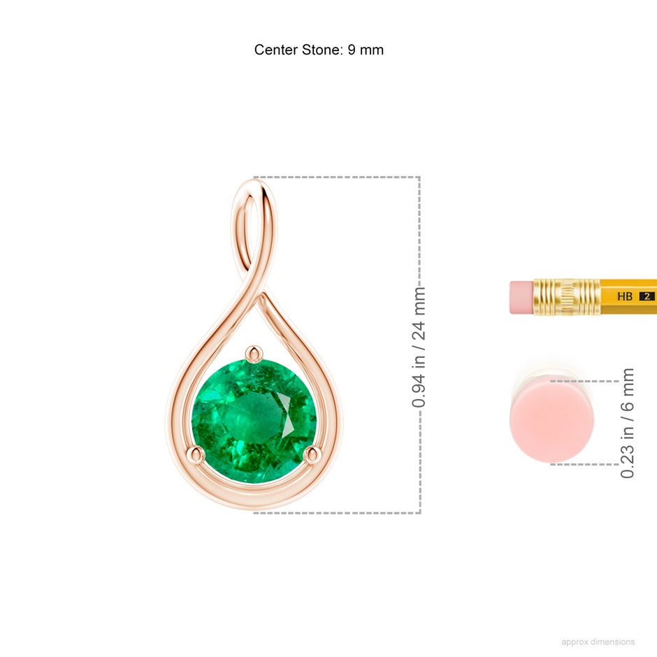 9mm AAA Solitaire Round Emerald Infinity Twist Pendant in Rose Gold ruler