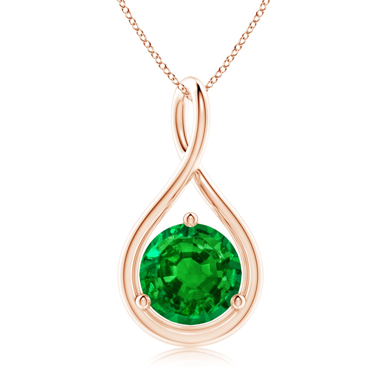 9mm AAAA Solitaire Round Emerald Infinity Twist Pendant in Rose Gold