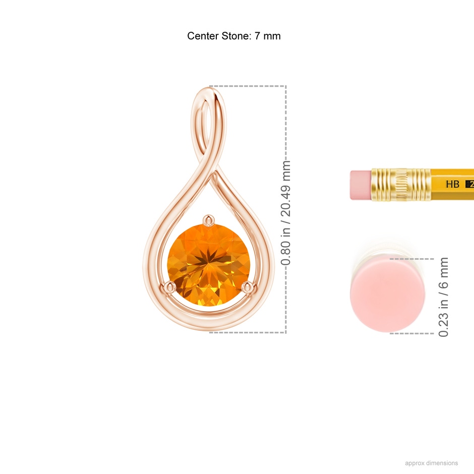 7mm AA Solitaire Round Fire Opal Infinity Twist Pendant in Rose Gold ruler