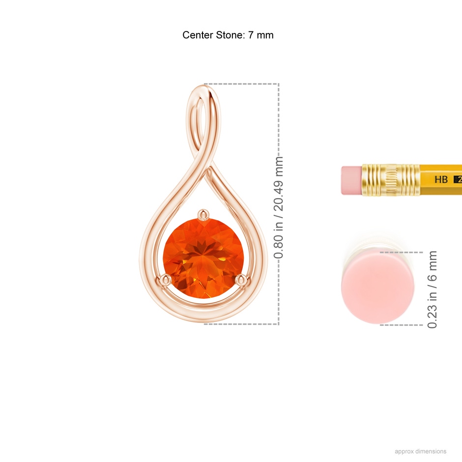 7mm AAA Solitaire Round Fire Opal Infinity Twist Pendant in Rose Gold ruler