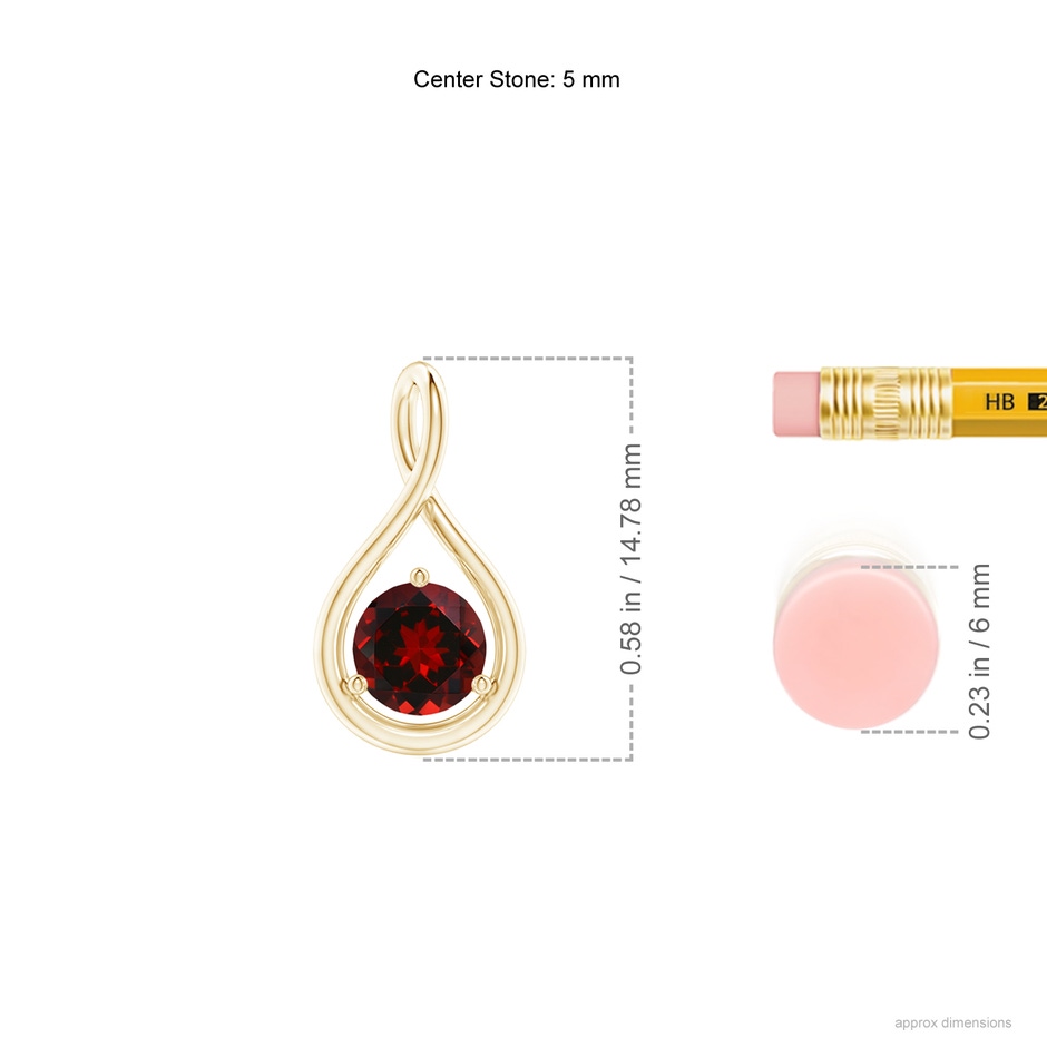 5mm AAAA Solitaire Round Garnet Infinity Twist Pendant in Yellow Gold ruler