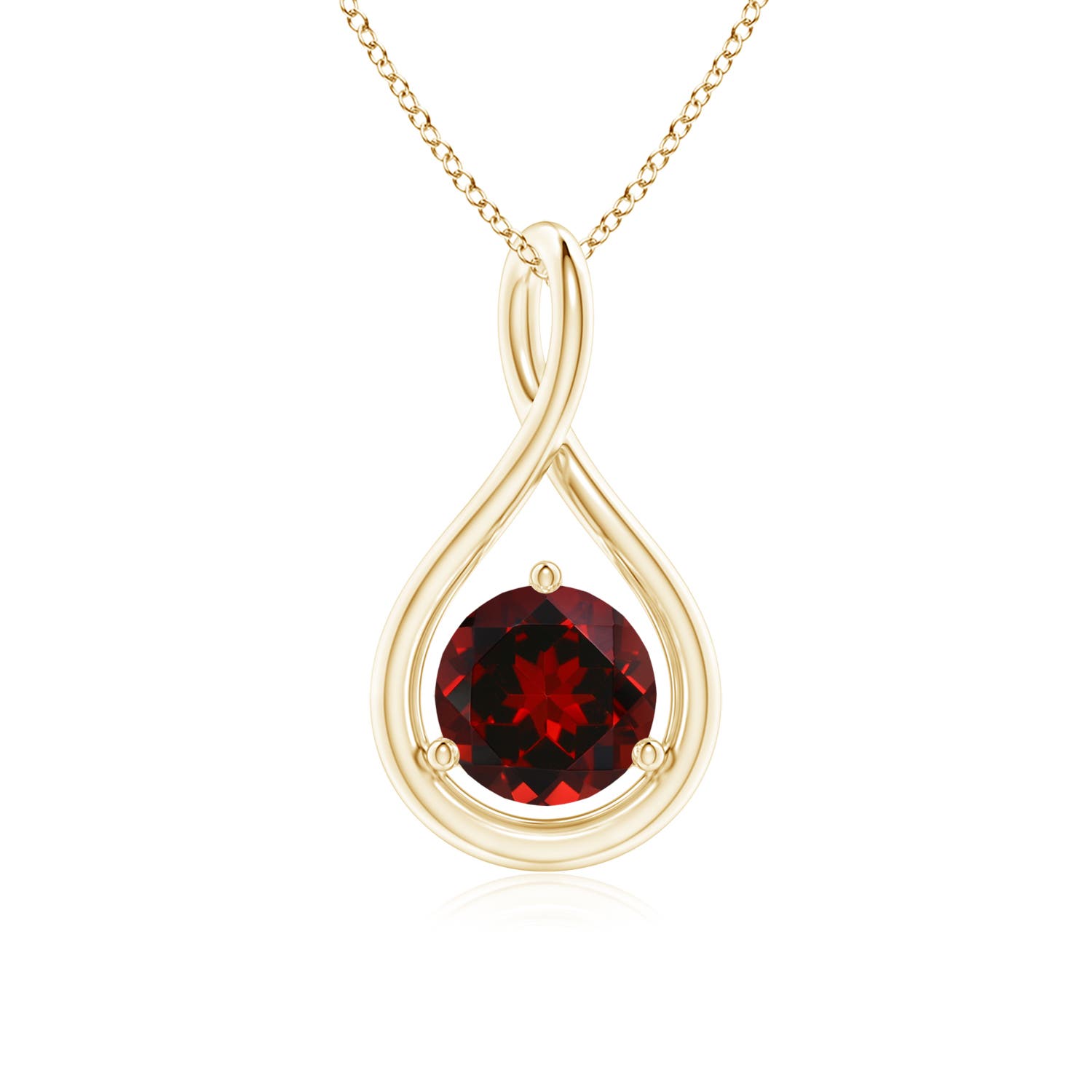 6mm AAAA Solitaire Round Garnet Infinity Twist Pendant in Yellow Gold