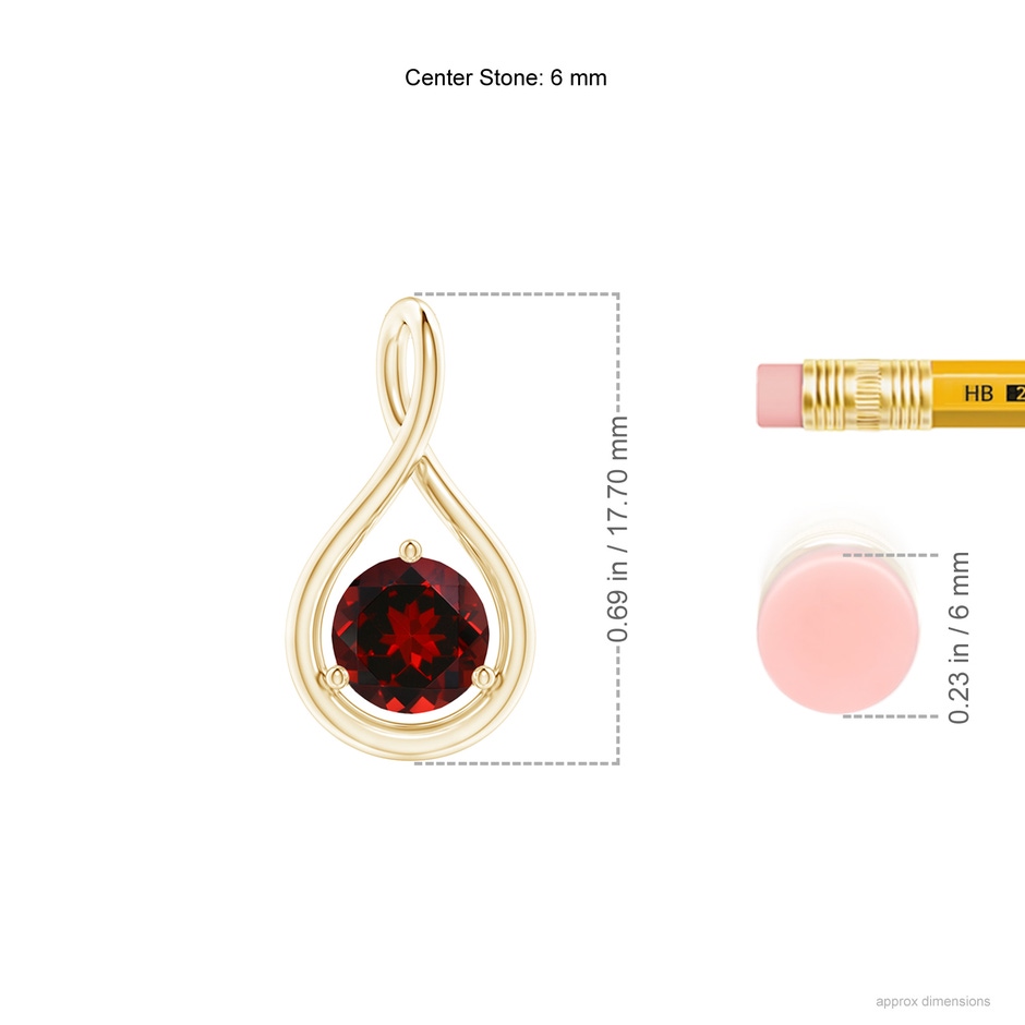 6mm AAAA Solitaire Round Garnet Infinity Twist Pendant in Yellow Gold ruler