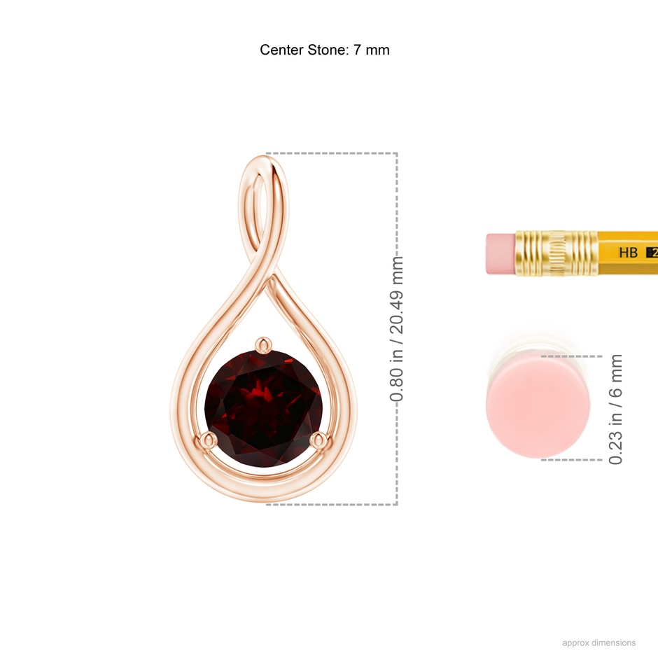 7mm A Solitaire Round Garnet Infinity Twist Pendant in Rose Gold ruler