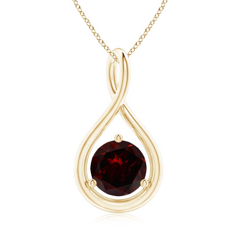 7mm A Solitaire Round Garnet Infinity Twist Pendant in Yellow Gold 