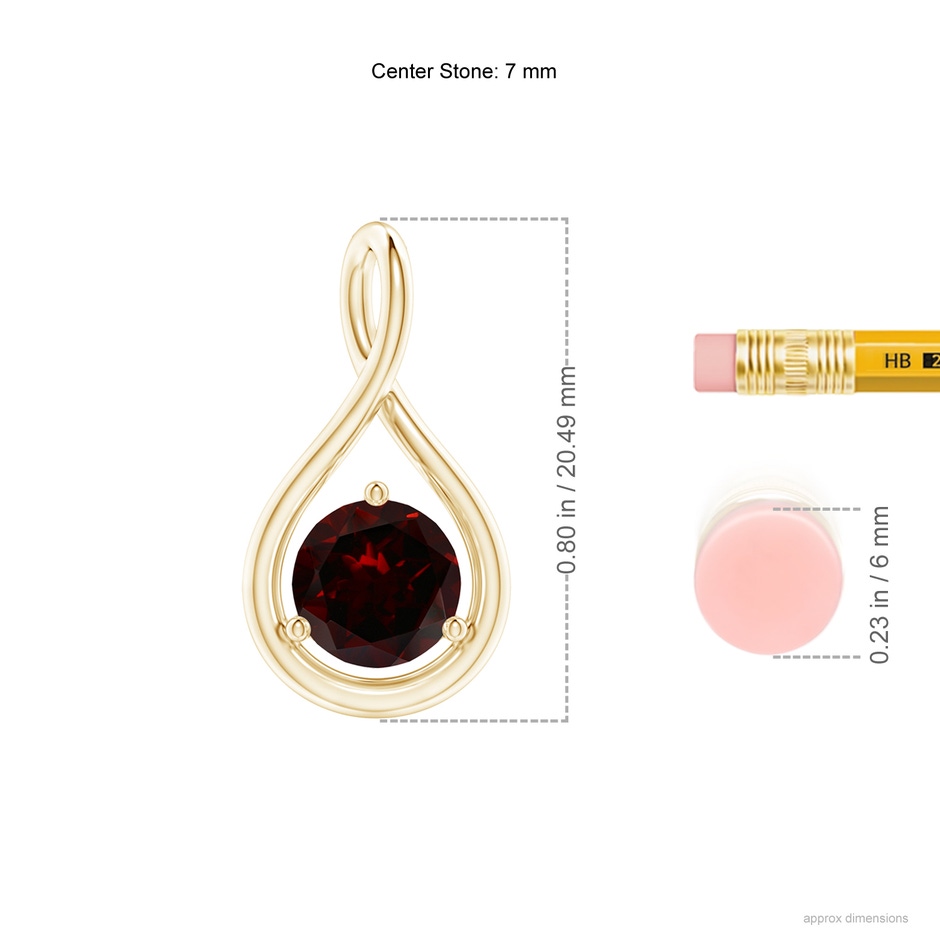 7mm A Solitaire Round Garnet Infinity Twist Pendant in Yellow Gold ruler