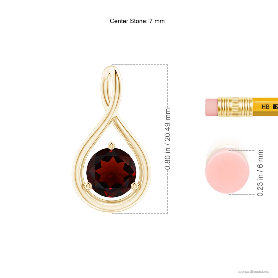 7mm AA Solitaire Round Garnet Infinity Twist Pendant in Yellow Gold ruler