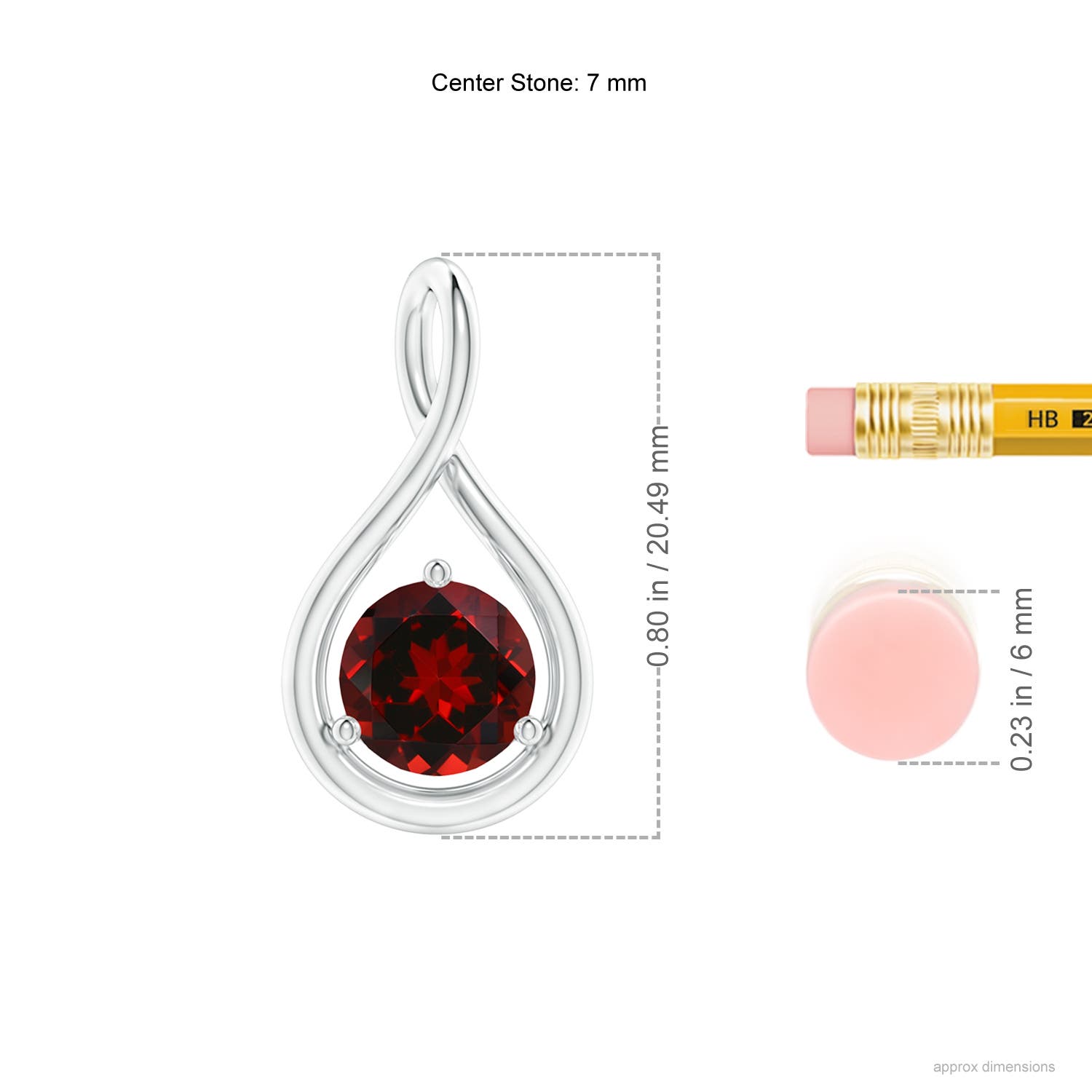 7mm AAAA Solitaire Round Garnet Infinity Twist Pendant in White Gold - ruler