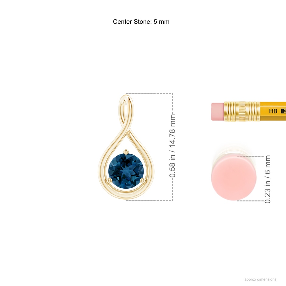 5mm AAA Solitaire Round London Blue Topaz Infinity Twist Pendant in Yellow Gold ruler