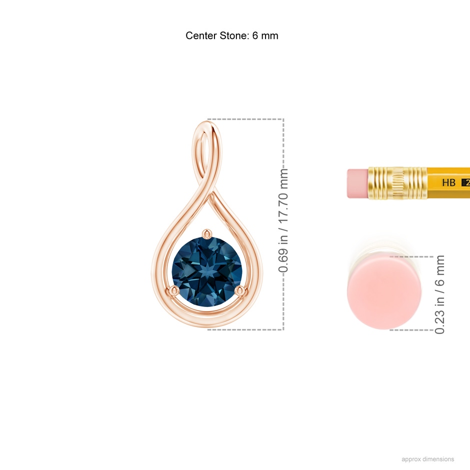 6mm AAAA Solitaire Round London Blue Topaz Infinity Twist Pendant in Rose Gold ruler