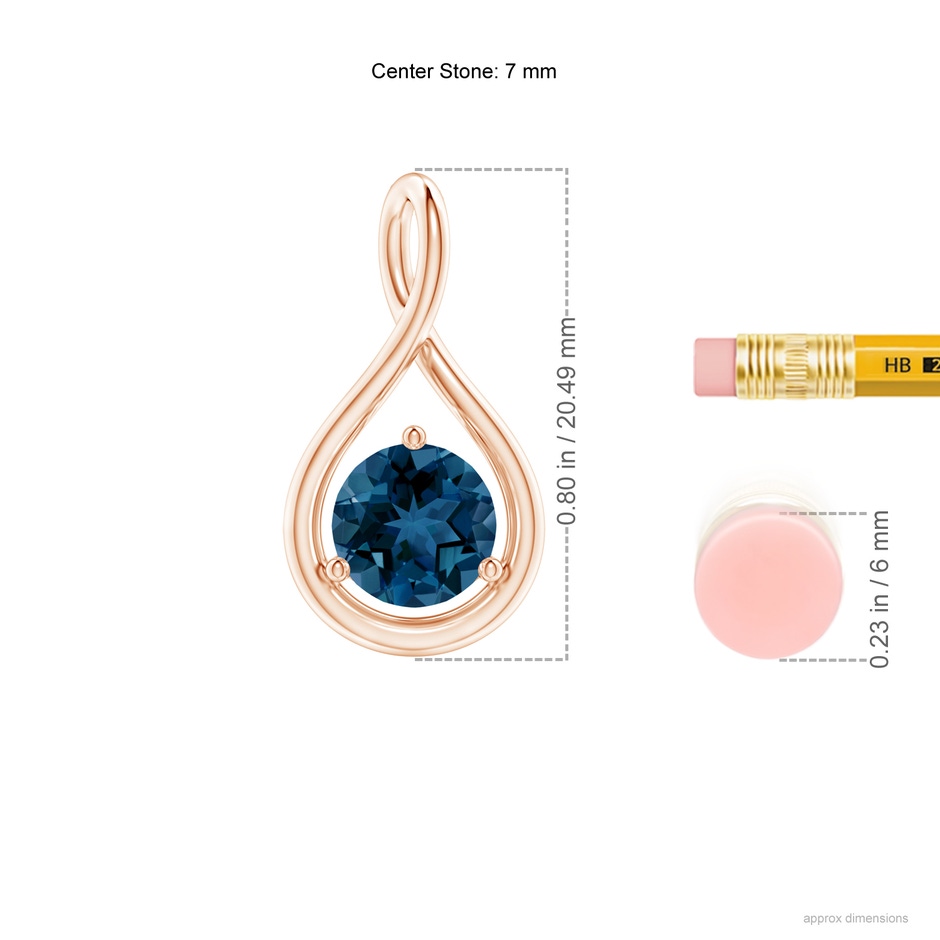 7mm AAA Solitaire Round London Blue Topaz Infinity Twist Pendant in Rose Gold ruler