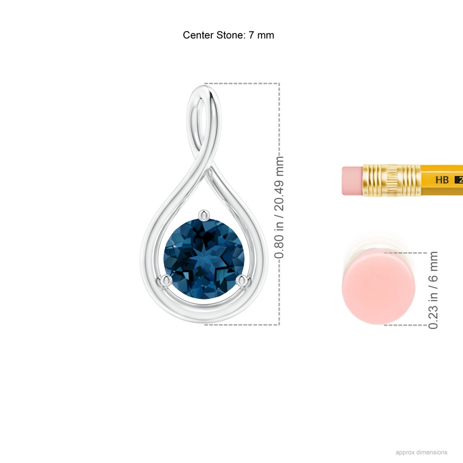 7mm AAA Solitaire Round London Blue Topaz Infinity Twist Pendant in White Gold ruler