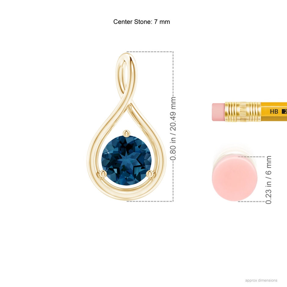 7mm AAA Solitaire Round London Blue Topaz Infinity Twist Pendant in Yellow Gold ruler