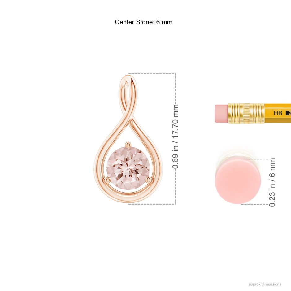 6mm AA Solitaire Round Morganite Infinity Twist Pendant in Rose Gold ruler