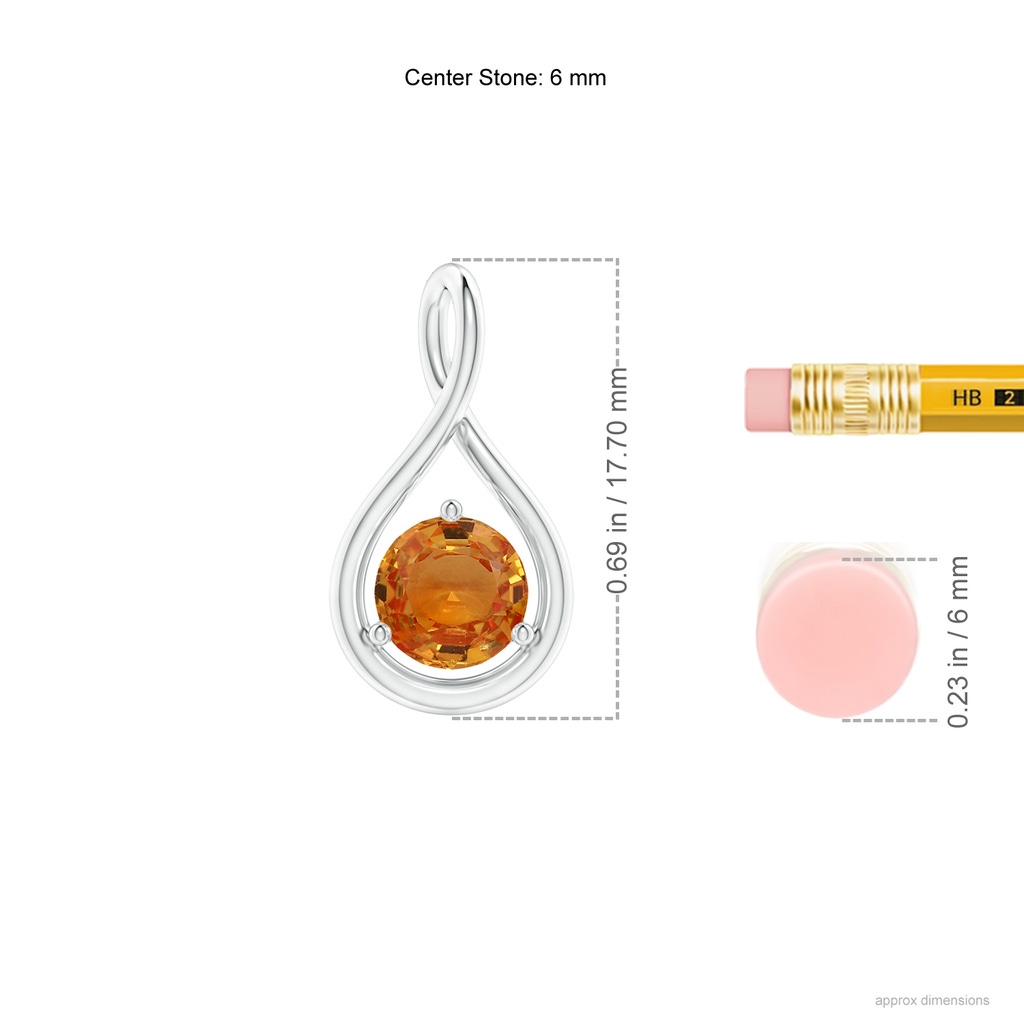 6mm AAA Solitaire Round Orange Sapphire Infinity Twist Pendant in White Gold Ruler