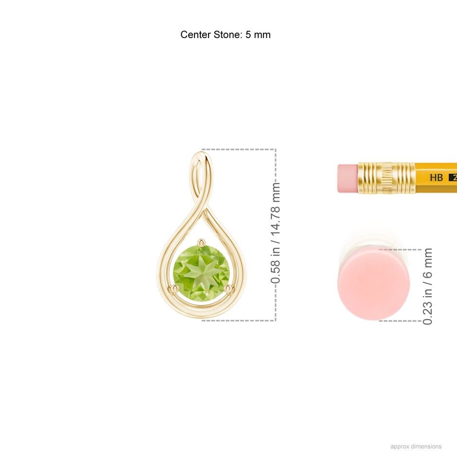 5mm AA Solitaire Round Peridot Infinity Twist Pendant in Yellow Gold ruler