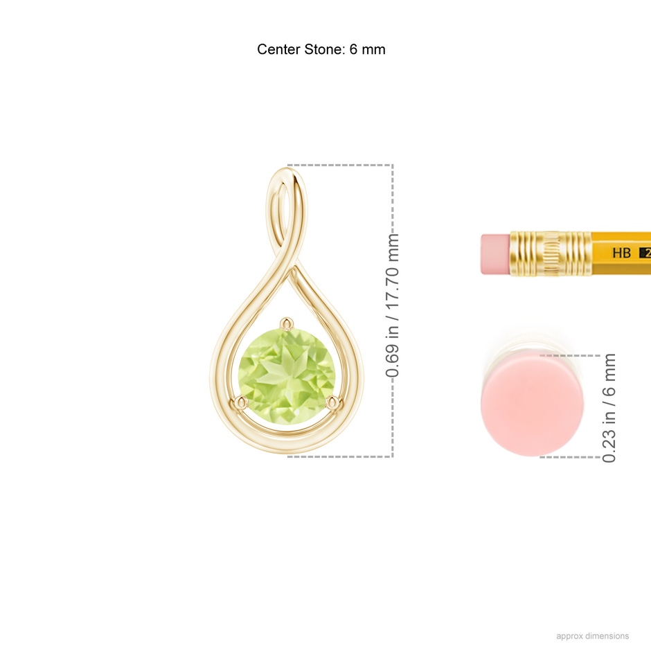 6mm A Solitaire Round Peridot Infinity Twist Pendant in Yellow Gold ruler