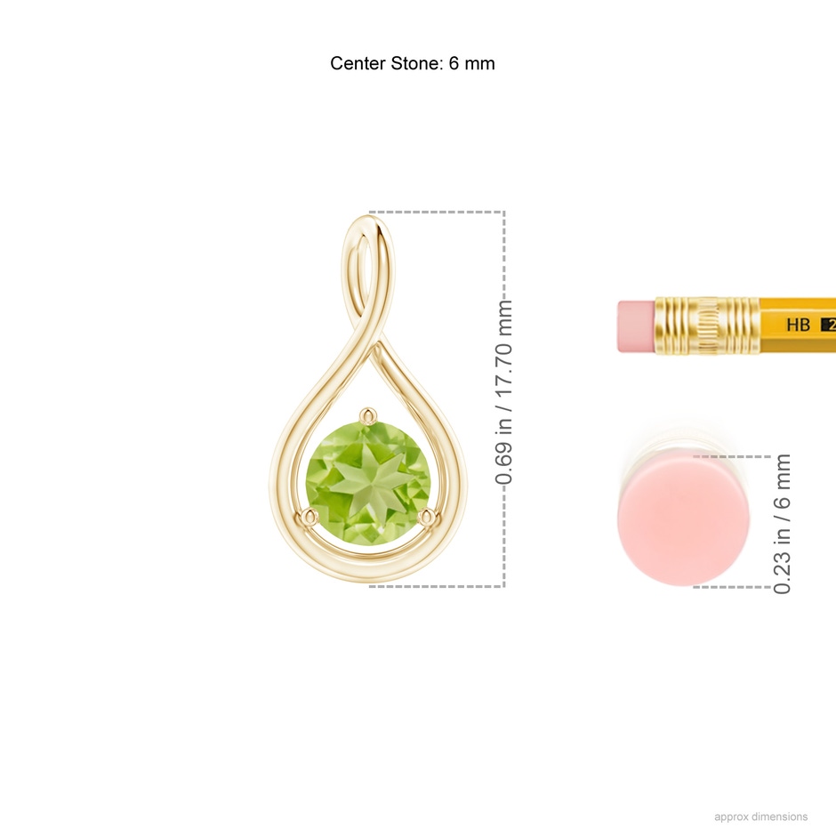 6mm AA Solitaire Round Peridot Infinity Twist Pendant in Yellow Gold ruler