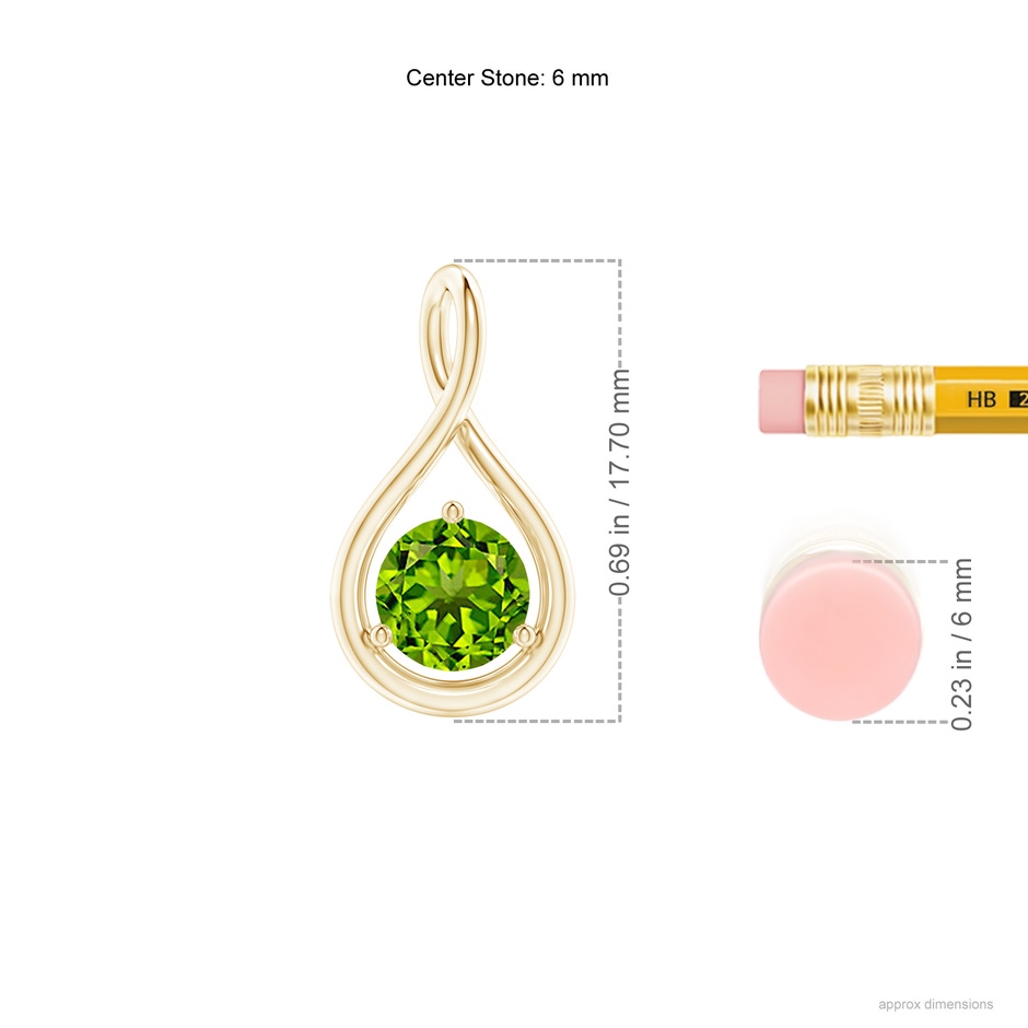 6mm AAAA Solitaire Round Peridot Infinity Twist Pendant in Yellow Gold ruler