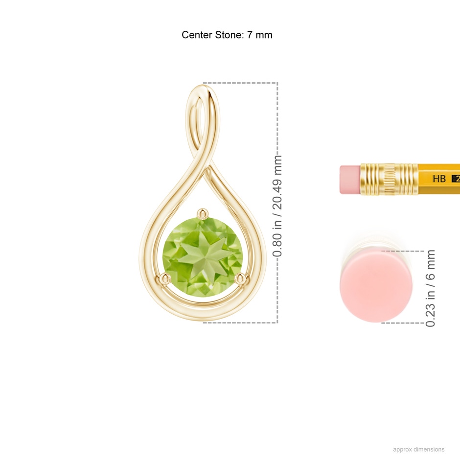 7mm AA Solitaire Round Peridot Infinity Twist Pendant in Yellow Gold ruler