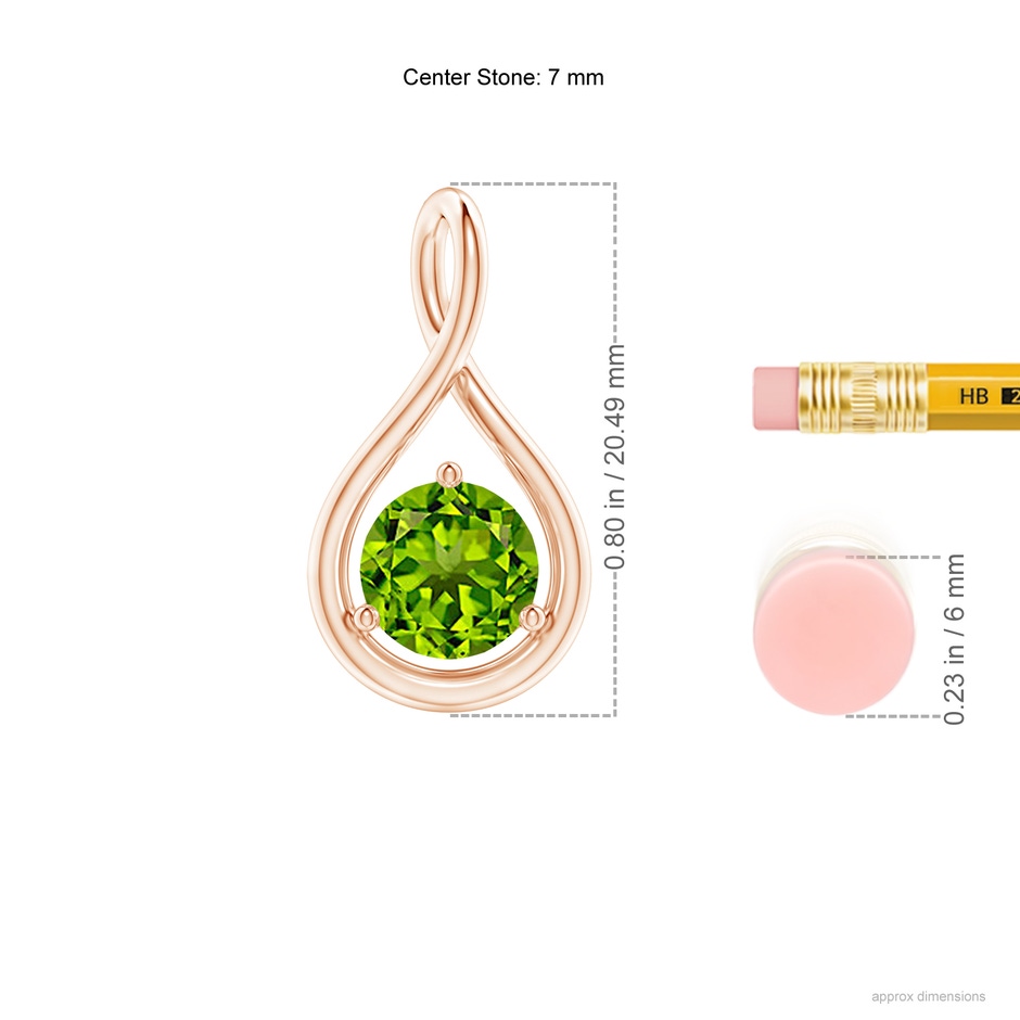 7mm AAAA Solitaire Round Peridot Infinity Twist Pendant in Rose Gold ruler