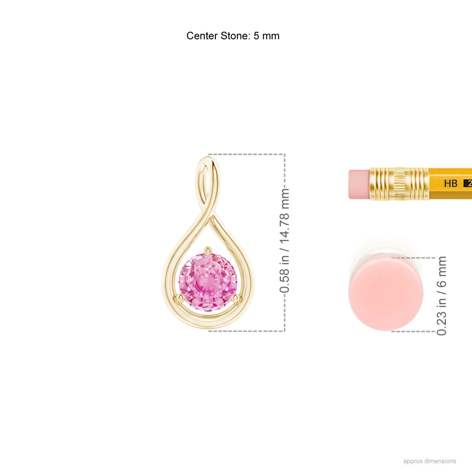 5mm A Solitaire Round Pink Sapphire Infinity Twist Pendant in Yellow Gold ruler