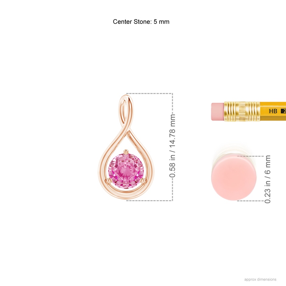 5mm AA Solitaire Round Pink Sapphire Infinity Twist Pendant in Rose Gold ruler