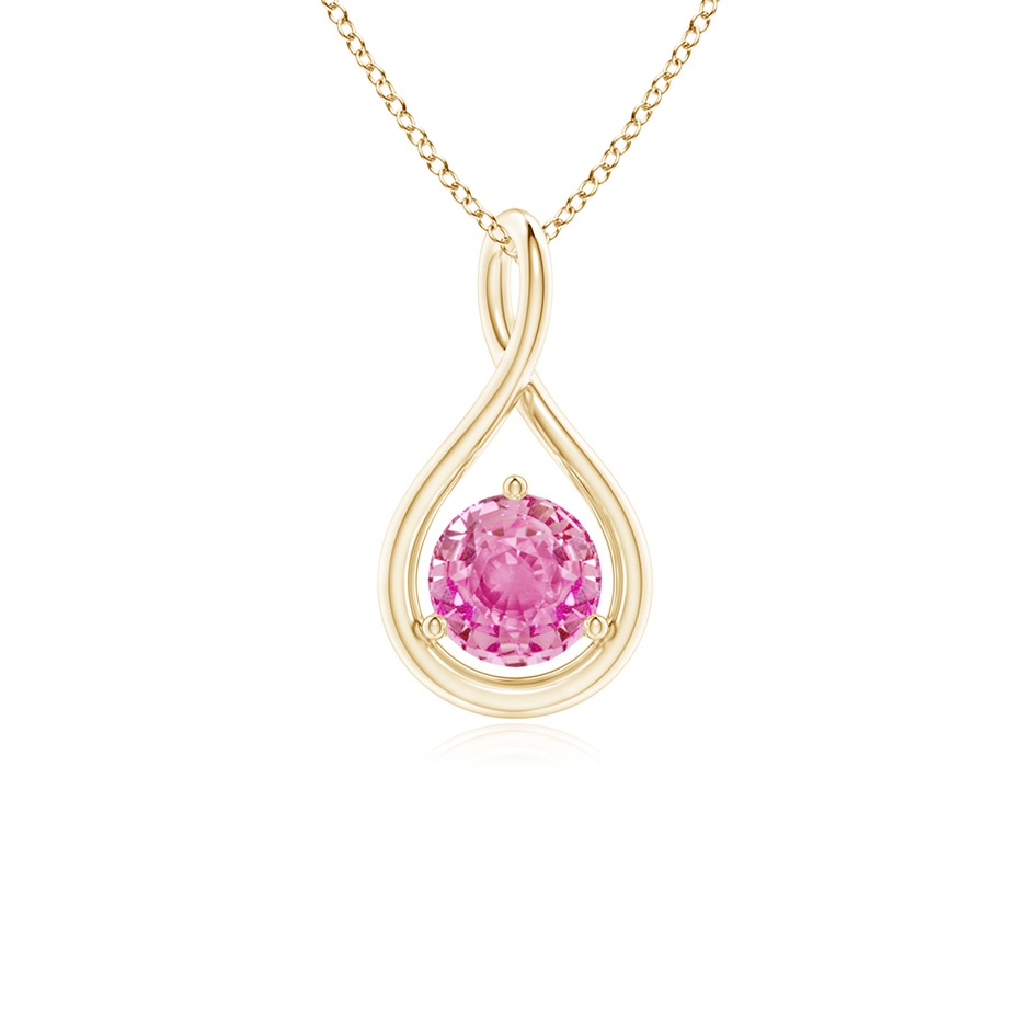 5mm AA Solitaire Round Pink Sapphire Infinity Twist Pendant in Yellow Gold 